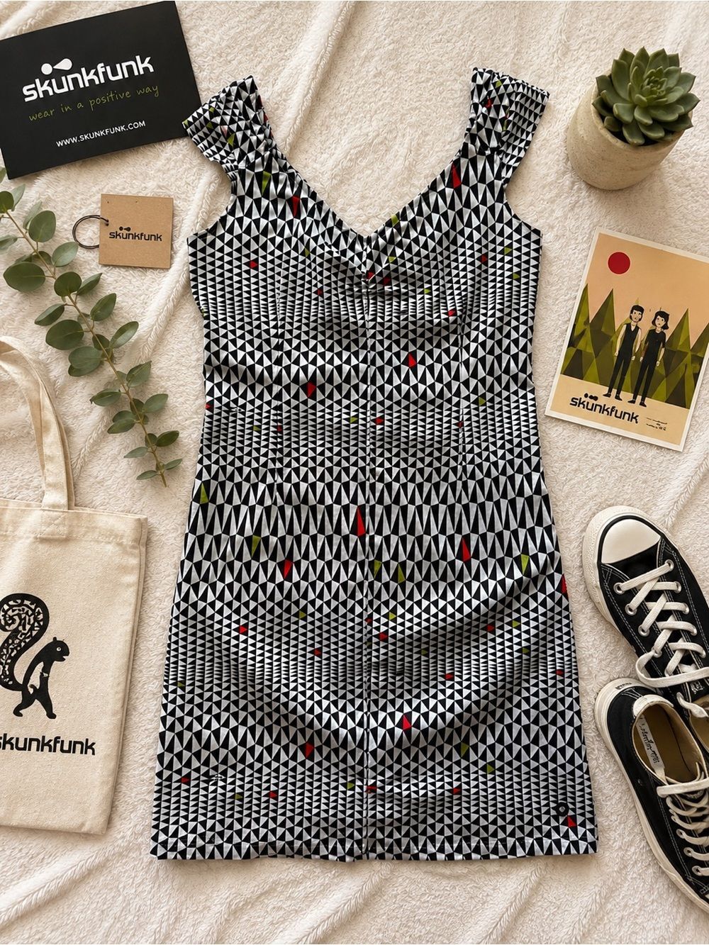 Skunkfunk Geometric Print Linen Blend Sheath Dress Size 3 Black White